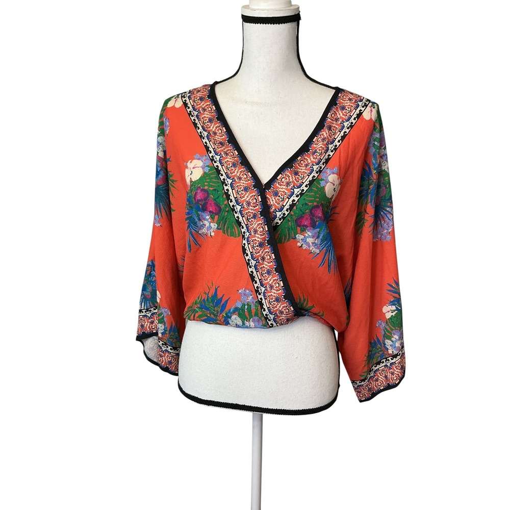 Flying Tomato Orange Tropical Floral Kimono Sleeve Wrap Crop Top IT1010GC-TJ M - Picture 2 of 8